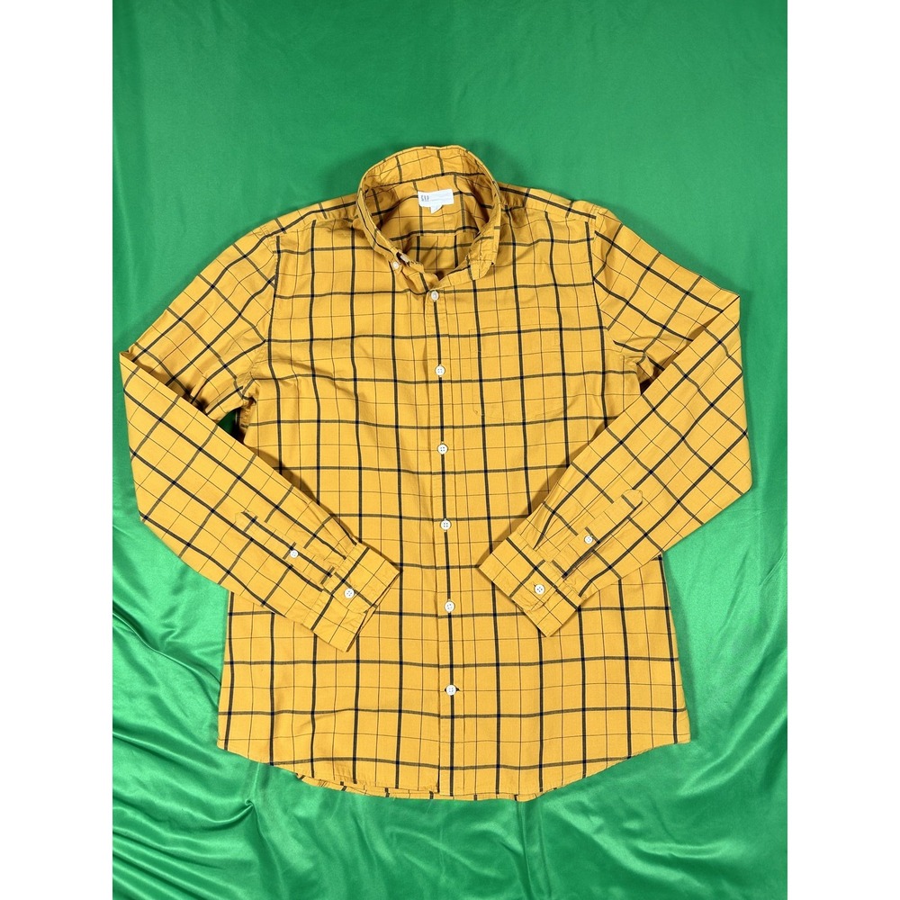 GAP Slim Fit Mustard Yellow Checkered Button-Down Shirt L S/600903-00